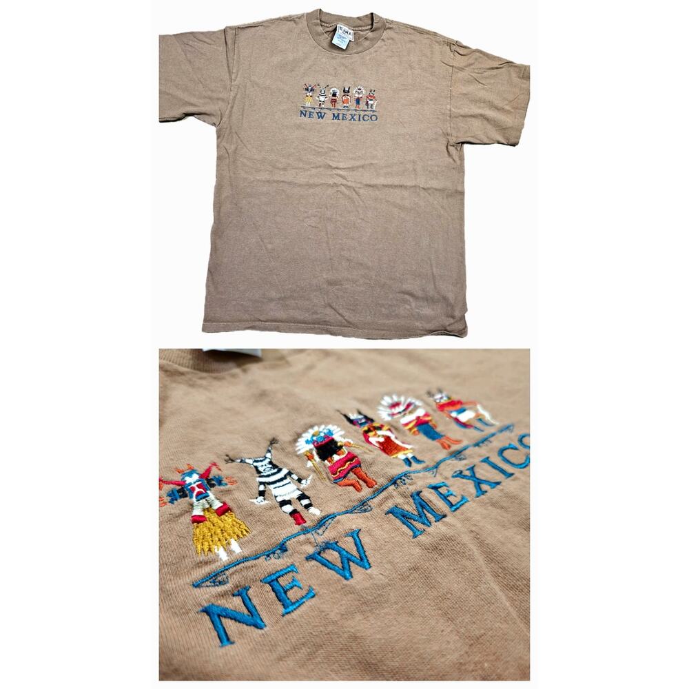 Vtg EMI Embroidered Spellout TShirt New Mexico Southwest Tribe Single Stitch L